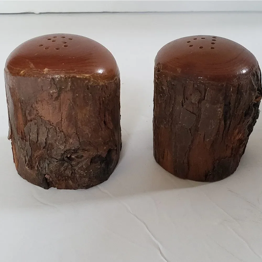 Natural Bark Wood Salt & Pepper Shakers